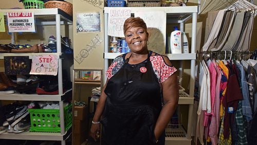 Portrait of custodian Carolyn Collins at her giving closet where she stores items to give away to students in need at Tucker High School in Tucker on Wednesday, September 5, 2018. Carolyn's Care Closet was started at Tucker High School out of frustration by an employee who wanted to help students dealing with homelessness or coming from low-income families where supplies, food and clothes were limited. The care closet and Carolyn Collins' generosity have found fans and admirers across the country. This past spring, Comedian and talk show host Steve Harvey gave Carolyn Collins $5,000 to stock her closet. HYOSUB SHIN / HSHIN@AJC.COM