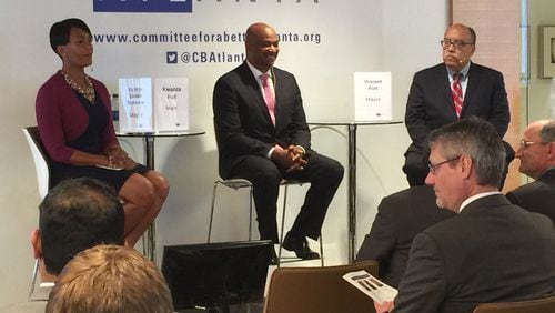 (From left) Atlanta City Councilwoman Keisha Lance Bottoms, Atlanta City Councilman Kwanza Hall and state Sen. Vincent Fort participate Thursday in a forum sponsored by the Committee for a Better Atlanta. LEON STAFFORD/LSTAFFORD@AJC.COM