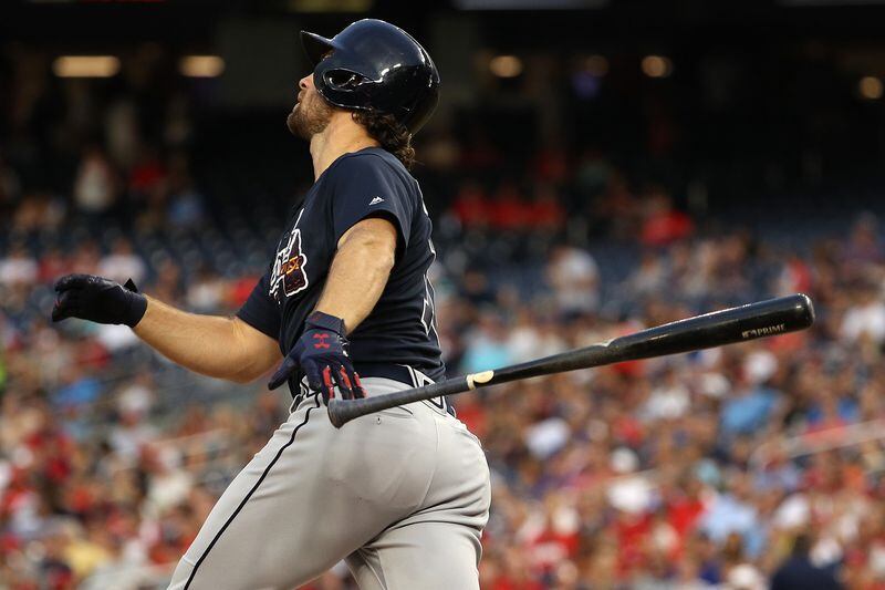 harlie Culberson #16 of the Atlanta Braves watches his three-run home run against the Washington Nationals during the second inning at Nationals Park on August 8, 2018 in Washington, DC. (Photo by Patrick Smith/Getty Images)