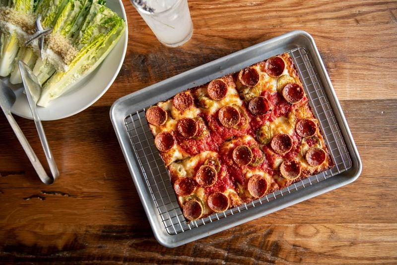 Emmy Squared's Colony pizza includes red sauce, mozzarella, cupping pepperoni, pickled jalapenos and honey. (Mia Yakel for The Atlanta Journal-Constitution)