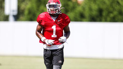 Georgia wide receiver George Pickens (1) during the Bulldogs’ practice session in Athens, Ga., on Wednesday, Aug. 19, 2020. (Photo by Tony Walsh)