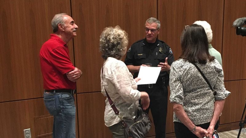 Sandy Springs Chief Ken DeSimone answers questions from residents about the city's new alarm law at City Hall on May 20, 2019.