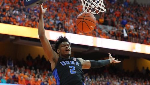 Cam Reddish of the Duke Blue Devils loses control of the ball on a drive to the basket against the Syracuse Orange during the first half at the Carrier Dome on February 23, 2019 in Syracuse, New York. (Photo by Rich Barnes/Getty Images)