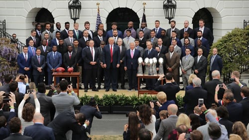 WASHINGTON, DC - APRIL 19:  U.S. President Donald Trump poses for photographs with the New England Patriots during a celebration of the team's Super Bowl victory on the South Lawn at the White House April 19, 2017 in Washington, DC. It was the team's fifth Super Bowl victory since 1960. (Photo by Chip Somodevilla/Getty Images)