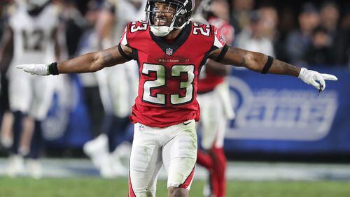 January 6, 2018 Los Angeles: Falcons cornerback Robert Alford runs down the field celebrating stopping the Rams on fourth down to take over on downs in the final minutes of a 26-13 victory in their NFL Wild Card Game on Saturday, January 6, 2018, in Los Angeles.    Curtis Compton/ccompton@ajc.com