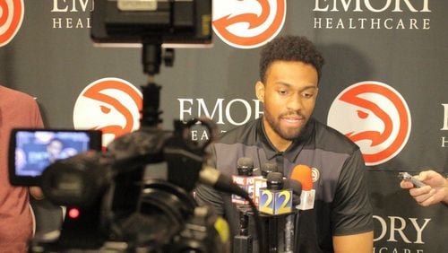 Jabari Parker speaks to the media after signing a two-year contract with the Hawks.
