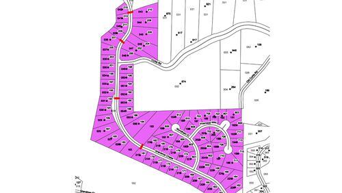 Map shows the locations of four speed humps to be installed along Grandmar Chase in the Woodmont subdivision near Canton. CHEROKEE COUNTY