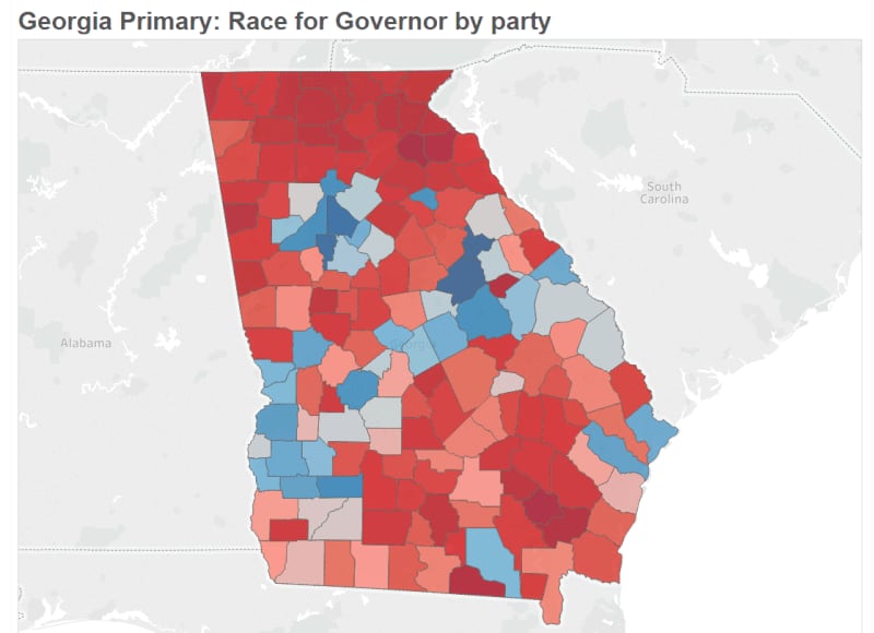 This map shows how Georgia primary voted by party in the 2018 gubernatorial primary election. 