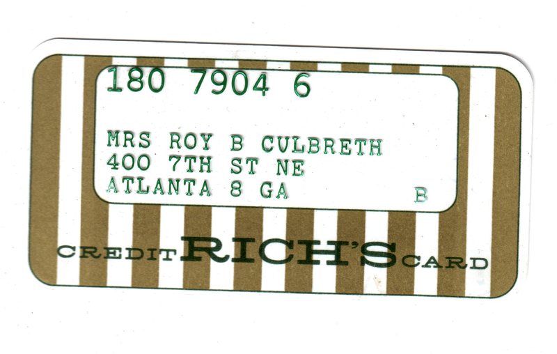 A credit card circa 1958 found inside the wallet of Floy Parker Culbreth from Rich's, once a dominant department store in Atlanta. The wallet was extricated in a hidden space in August 2023 at the Plaza Theatre in Atlanta. CHRISTOPHER ESCOBAR/SPECIAL