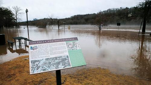 Water from the Chattahoochee River flooded Riverside Park in Roswell in 2018. Roswell’s funding request includes $6.5 million for part of the city’s riverbank restoration project at the former Ace Sand Company site near St. Andrew Catholic Church on Riverside Road. (ALYSSA POINTER/ALYSSA.POINTER@AJC.COM)
