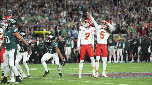 Kansas City Chiefs punter Tommy Townsend (5) and place kicker Harrison Butker (7) celebrate after making the winning field goal during Super Bowl LVII against the Philadelphia Eagles at State Farm Stadium in Glendale, Ariz., on Feb. 12, 2023. (Doug Mills/The New York Times).