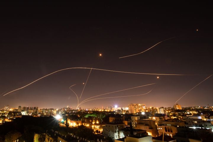 IsraelÕs Iron Dome missile defense system intercepts rockets launched into Tel Aviv from the Gaza Strip, May 16, 2021. (Corinna Kern/The New York Times)