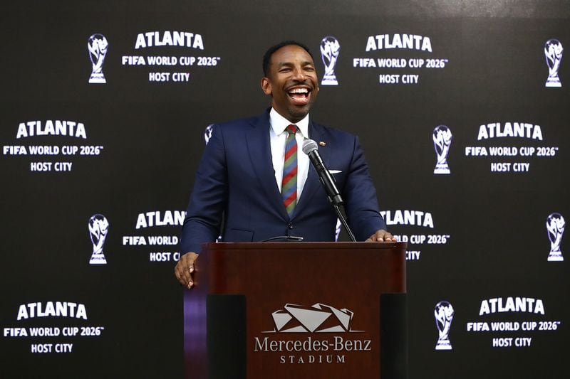 Atlanta Mayor Andre Dickens is all smiles during the Host City announcement press conference for the 2026 World Cup at Mercedes-Benz Stadium on Thursday, June 16, 2022.  (Curtis Compton / Curtis.Compton@ajc.com)
