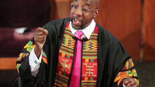 062320 Atlanta: Rev. Raphael G. Warnock delivers the eulogy for Rayshard Brooks at his funeral in Ebenezer Baptist Church on Tuesday, June 23, 2020 in Atlanta. Brooks, 27, died June 12 after being shot by an officer in a Wendyâs parking lot. Brooksâ death sparked protests in Atlanta and around the country. Warnock, senior pastor of Ebenezer, said âRayshard Brooks wasnât just running from the police. He was running from a system that makes slaves out of people. A system that doesnât give ordinary people whoâve made mistakes a second chance, a real shot at redemption.â   Curtis Compton ccompton@ajc.com