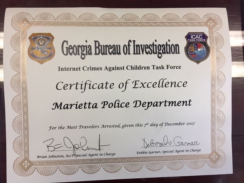 This is the certificate the Marietta Police Department received from the Georgia Bureau of Investigation for its work on the Internet Crimes Against Children task force. (Photo courtesy of MPD)