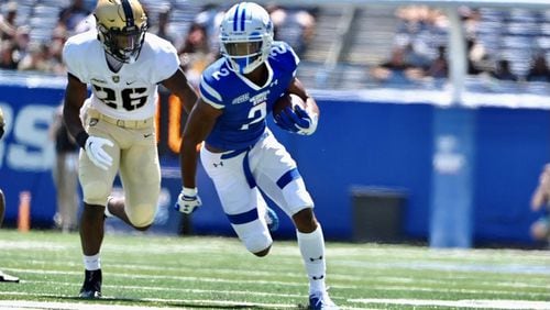 Georgia State sophomore wide receiver Jamari Thrash runs after a catch against Army in the Panthers' season opener, Sept. 4, 2021 at Center Parc Stadium in Atlanta. (Photo by Todd Drexler/Sideline Sports)
