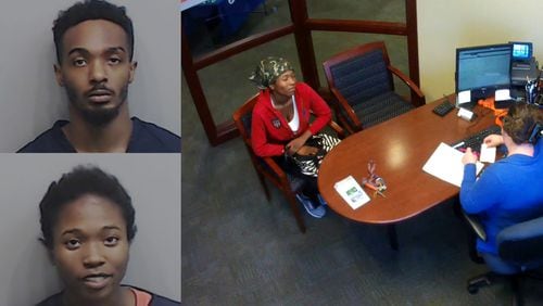 Mugshots of Tremell Adams (top) and Christian Ware next to a still from surveillance during an alleged bank robbery