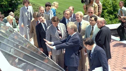 President Jimmy Carter showed off the “solar system” that was installed on the roof of the White House and dedicated on June 20, 1979. Exactly 38 years later, solar panels were unveiled on the roof of the former president’s library in Atlanta. Photo courtesy of the Jimmy Carter Presidential Library