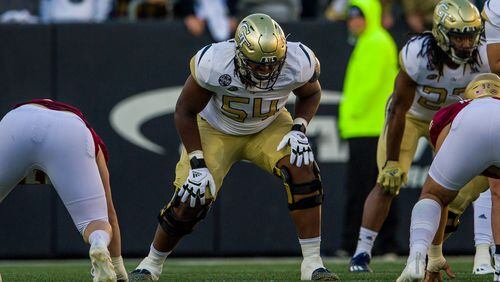 Georgia Tech offensive tackle Jordan Williams lines up for a snap in the Yellow Jackets' game against Boston College Nov. 13, 2021 at Bobby Dodd Stadium. (Danny Karnik/Georgia Tech Athletics)