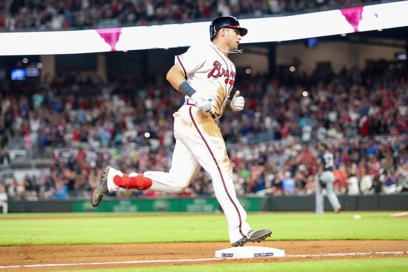 Austin Riley circles the bases after his sixth-inning home run. (Photo by Carmen Mandato/Getty Images)