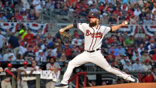 Braves starting pitcher Dallas Keuchel deals in the second inning in Game One of the National League Division Series against St. Louis. (Hyosub Shin / Hyosub.Shin@ajc.com)