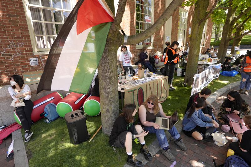 Rhode Island School of Design students and supporters gather near a Palestinian flag, left, outside a building at RISD, Tuesday, May 7, 2024, in Providence, R.I. Student activists and supporters, who have taken over a portion of the building, are demanding that the school condemn Israel's war effort in Gaza, and that the school divest from investments that benefit Israel. (AP Photo/Steven Senne)