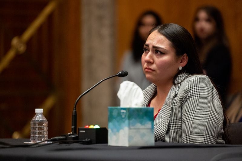 Karina Cisneros Preciado, a former detainee at the Irwin County Detention Center, testifies at a hearing of the Permanent Subcommittee on Investigations focused on Medical Mistreatment of Women in ICE Detention on November 15th, 2022 in Washington, DC. (Nathan Posner for the Atlanta Journal Constitution)