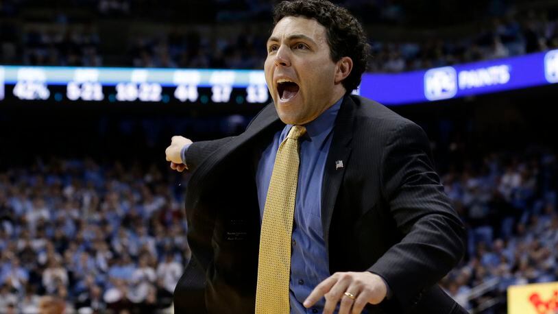 Georgia Tech head coach Josh Pastner reacts during the second half of an NCAA college basketball game against North Carolina in Chapel Hill, N.C., Saturday, Jan. 20, 2018. North Carolina won 80-66. (AP Photo/Gerry Broome)