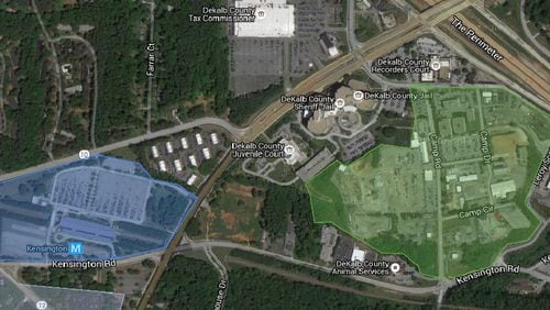 Atlanta United will build a 3,500-seat stadium, several practice fields and a two-story headquarters on DeKalb County land near the Kensington MARTA station. The soccer complex area is highlighted in green, and the blue area shows the location of the Kensington MARTA station. (Source: Google Maps and DeKalb County)