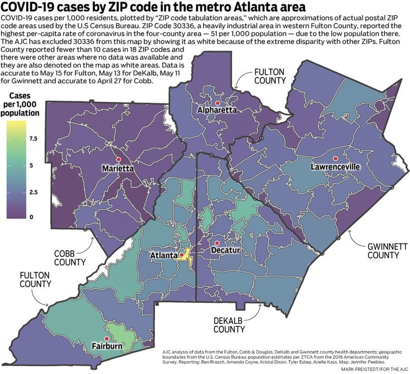These are COVID-19 cases per 1,000 residents in the four-county metro Atlanta core area. (Mark Freistedt/For the AJC)