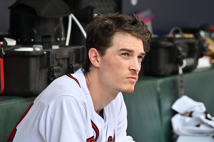 Rough start for Fried, Braves: Braves pitcher Max Fried sits in the dugout after giving up two runs during the first inning of game 1 between the Braves and the Phillies at Truist Park on Tuesday. Fried lasted just 3 1/3 innings, allowing eight hits and four earned runs. (Hyosub Shin / Hyosub.Shin@ajc.com)