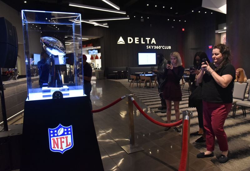 The Vince Lombardi Trophy, awarded to the Super Bowl-winning team, is displayed during a recent event at Mercedes-Benz Stadium. 
