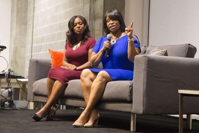 06/14/2018 -- Atlanta, GA -- Christy Sims (right) sits with Tamiko Lowry-Pugh (left) as they both speak during a domestic violence panel discussion at The Garage at Georgia Tech in Atlanta. In 2013, when Sims was attacked, 120 people in Georgia died from some form of domestic violence. In 2017, that number hit 146.   ALYSSA POINTER/ATLANTA JOURNAL-CONSTITUTION