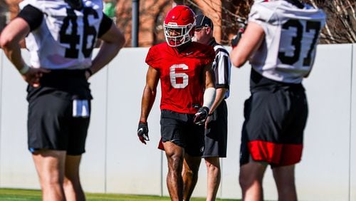 Georgia running back Kenny McIntosh has a laugh as the Bulldogs transition from one drill to the next during a spring practice at the Woodruff Practice Fields. (Photo by Tony Walsh/UGA Athletics)