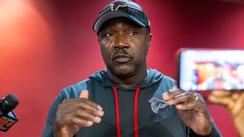 Falcons assistant head coach/defense Jerry Gray speaks to press at a team training session at Mercedes-Benz Stadium in Atlanta on Friday, June 2, 2023. (Arvin Temkar / arvin.temkar@ajc.com)