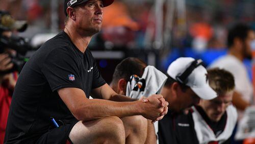Matt Ryan of the Atlanta Falcons on the bench in the first quarter during a preseason game against the Miami Dolphins at Hard Rock Stadium on August 8, 2019 in Miami.