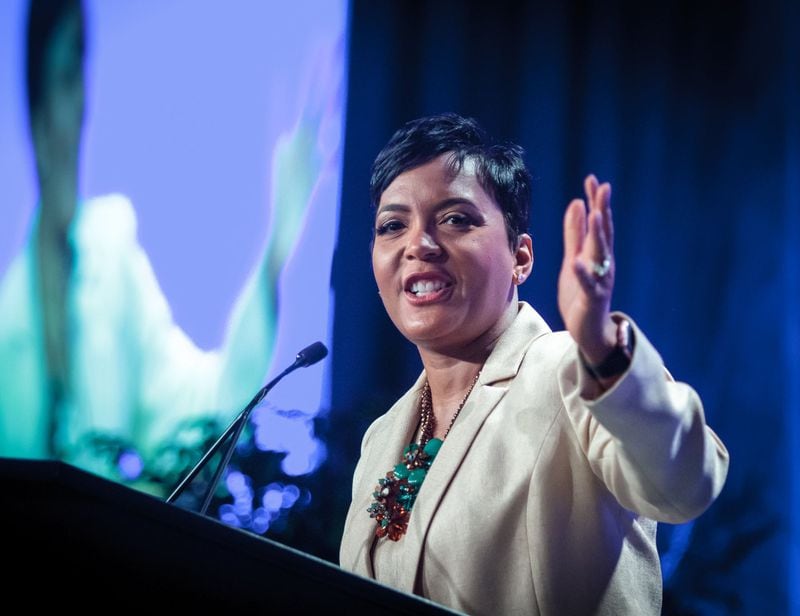Mayor Keisha Lance Bottoms talks to the crowd during her first State of the City speech in Atlanta GA Wednesday, May 2, 2018. STEVE SCHAEFER / SPECIAL TO THE AJC