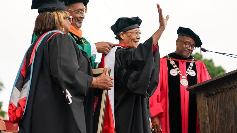 Mary Frances Early was presented with an honorary doctorate degree from Clark Atlanta University in 2022. Early was the first Black student to graduate from the University of Georgia. She has since dedicated herself to building awareness of age-related macular degeneration, a condition she has endured for the last decade. (Elijah Nouvelage for The Atlanta Journal-Constitution)