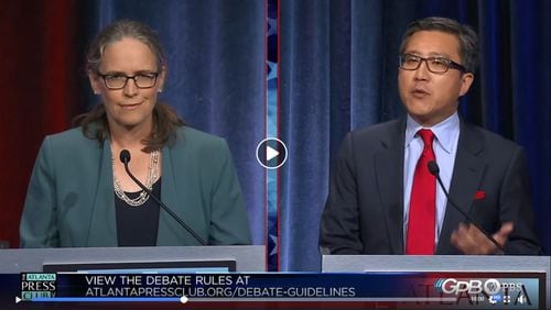 A screenshot from the Atlanta Press Club's Loudermilk-Young debate between 7th District Democratic candidates Carolyn Bourdeaux, left, and David Kim on July 12, 2018.