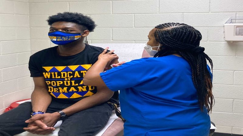 Fort Valley State University student Devante Sanders received his COVID-19 vaccination on campus at the Hunt Student Wellness Center. Sanders is a senior an education major and president of the university's Alpha Phi Alpha Fraternity chapter. PHOTO CREDIT: Fort Valley State University.