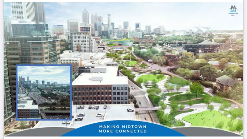 Overview of before and after covering the Downtown Connector in Midtown. Courtesy of the MCP Foundation