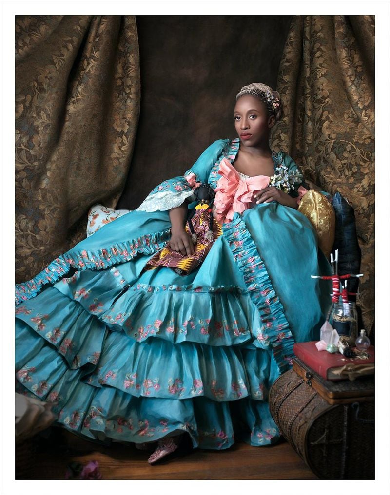 Artist Fabiola Jean-Louis’ photograph “Marie Antoinette Is Dead” is featured in the exhibition “Re-Writing History” at Alan Avery Art Company.
