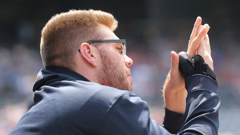 Freddie Freeman, who has been out since mid-June with a right-wrist injury, may miss another two weeks. (Curtis Compton, compton@ajc.com)
