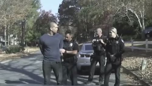 Jade Pearson is seen on police dashcam video as he is arrested on a charge of aggressive driving. (Credit: Channel 2 Action News)