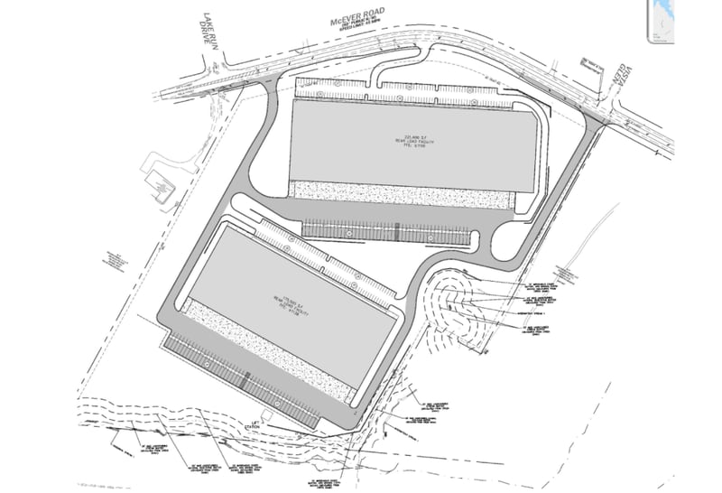A site plan for the office and warehouse space on McEver Road proposed by CA Ventures. (Courtesy City of Flowery Branch)