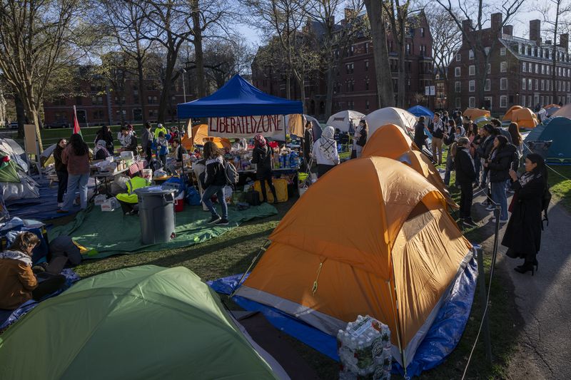 Students protesting against the war in Gaza, and passersby walking through Harvard Yard, are seen at an encampment at Harvard University in Cambridge, Mass., on Thursday, April 25, 2024. (AP Photo/Ben Curtis)