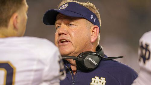 Coach Brian Kelly of Notre Dame directs a player against Navy on Oct. 27, 2018 in San Diego. (Photo by Kent Horner/Getty Images)