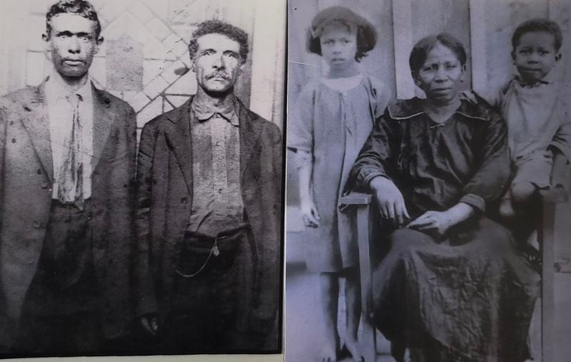 Strickland family members were among the Black people violently forced out of Forsyth in September 1912. Sabin Strickland's great-great-grandparents Will and Carrie Strickland appear in the photo. The men pictured are cousins Vic and Will Strickland. The woman seated, Will Strickland's wife Carrie, is with their young children Alta, left, and Village. (Courtesy Sabin Strickland)