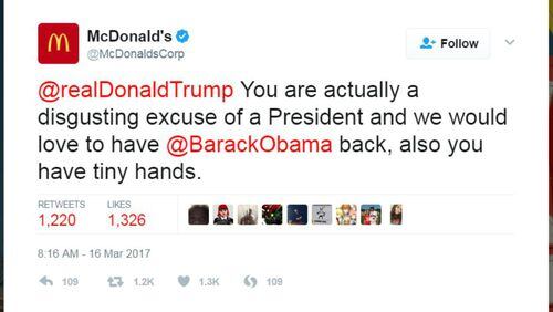 An insult is flung at President Donald Trump in a tweet early on Thursday, March 16, 2017, from McDonald's official Twitter account. The company later said that its account was compromised.
