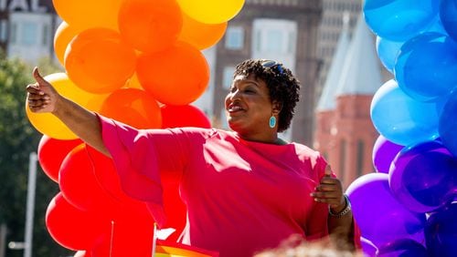 Gubernatorial candidate Stacey Abrams gives a thumbs up to the crowd during Atlanta Pride Parade Sunday in Atlanta October 14, 2018.  STEVE SCHAEFER / SPECIAL TO THE AJC
